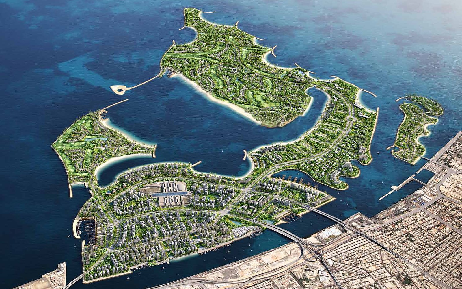 Aerial master plan render of Dubai Islands seen from the southeast, showing the five islands, beaches and marinas off the Deira coast