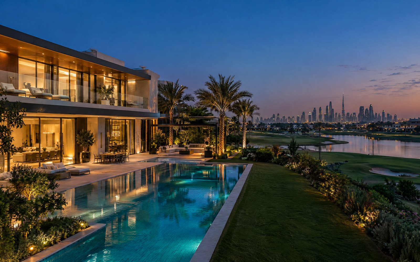 Modern Dubai villa with a lit swimming pool at dusk, overlooking a golf course and lake, with the Downtown Dubai skyline and Burj Khalifa in the distance