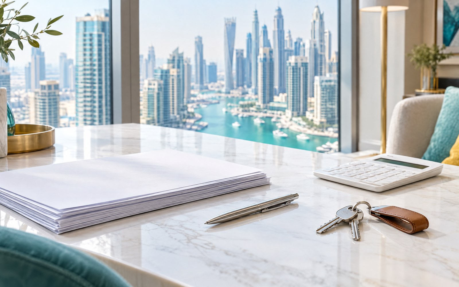 Property purchase documents, a calculator, a pen and house keys on a desk overlooking Dubai Marina (illustrative image)
