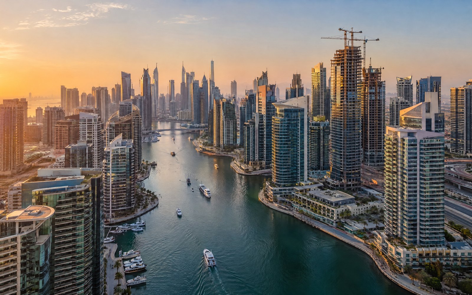 Aerial view of a Dubai canal lined with residential towers, with cranes on towers under construction, at sunset (illustrative image)
