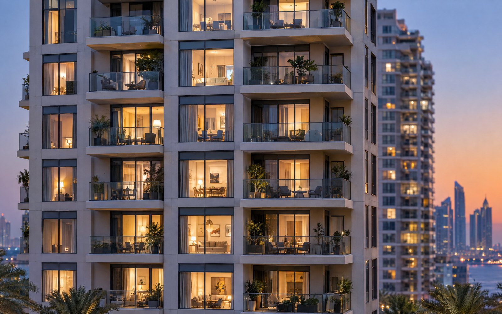 Modern apartment building in Dubai at dusk, with lit windows and balconies with plants and chairs, and a skyline at sunset behind (illustrative image)