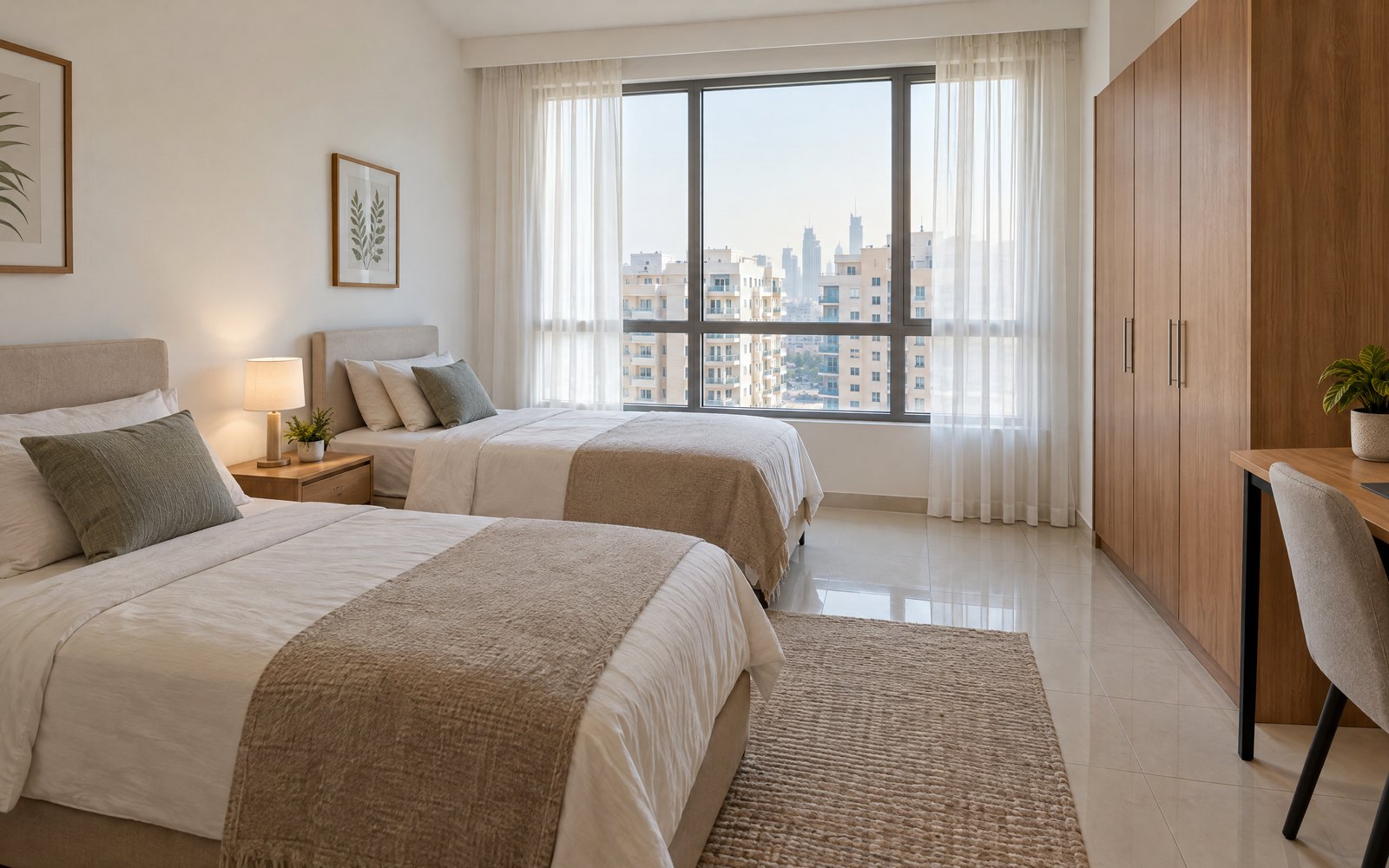 Clean, bright shared bedroom in a Dubai apartment with two single beds, a wardrobe, a desk and a window looking out on mid-rise buildings (illustrative image)