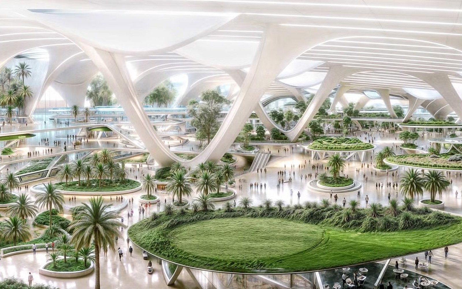 Architectural render of the planned new passenger terminal at Al Maktoum International Airport in Dubai South, with white curved columns, palm trees and indoor gardens