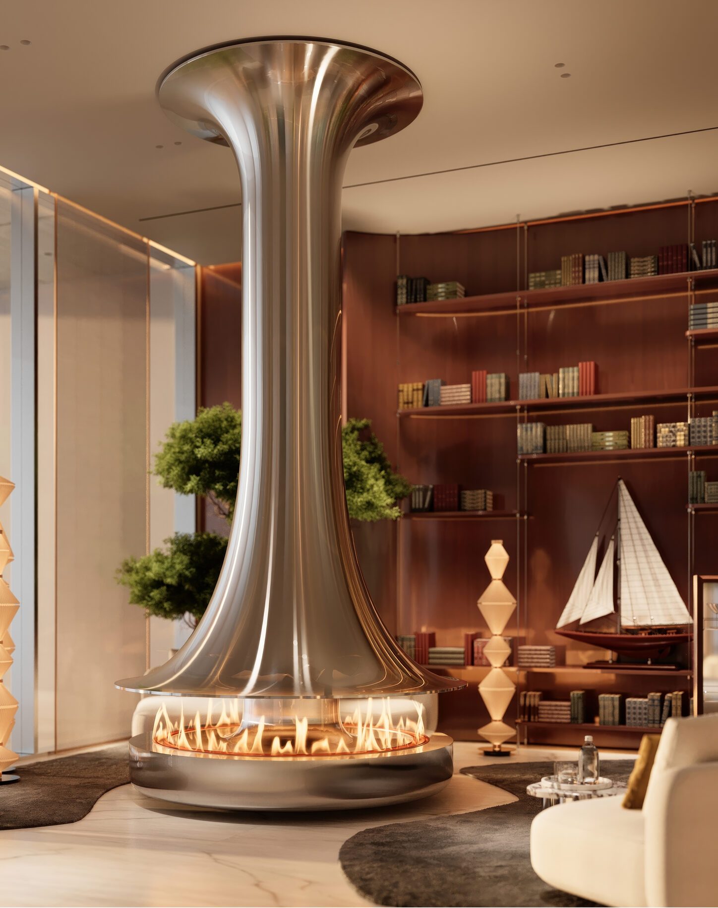 Residents' lounge with sculptural fireplace, illustrative render