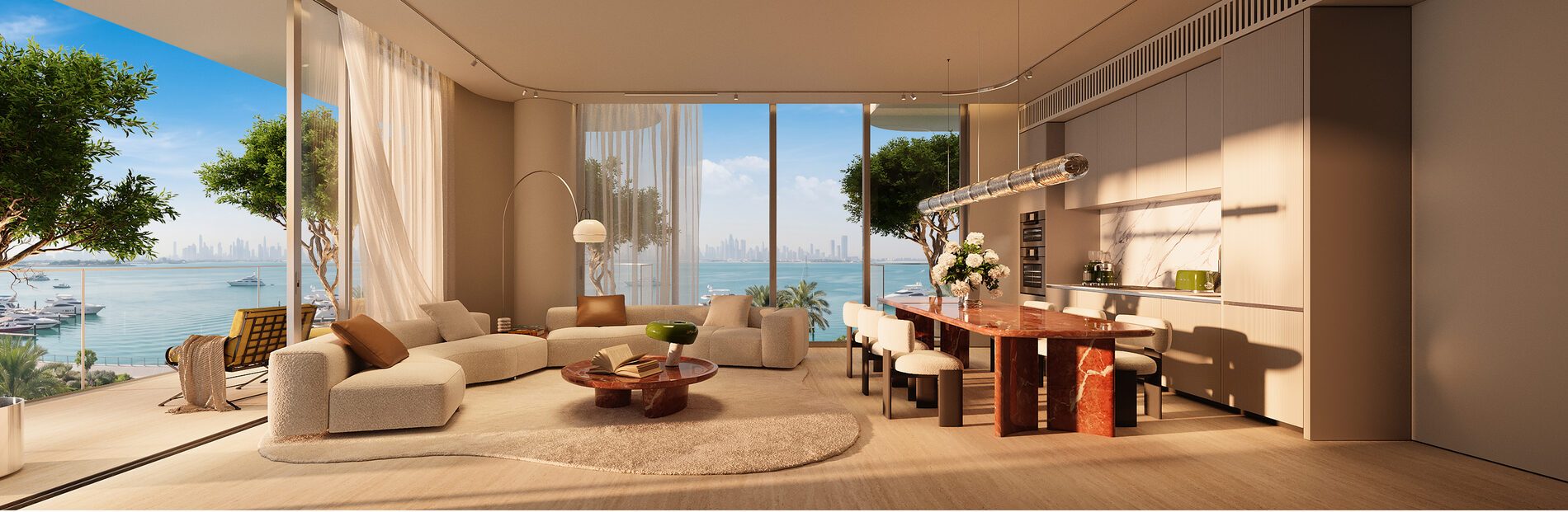 Three-bedroom corner living room with marina views, illustrative render