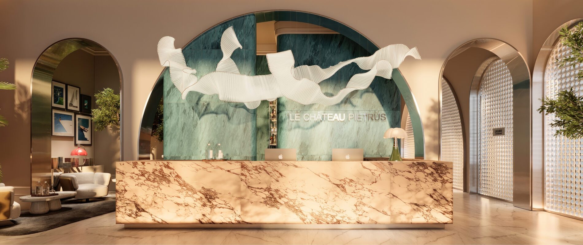 The Grand Lobby reception in green marble, illustrative render