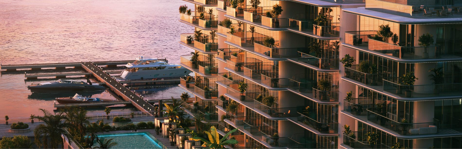 The marina berth beside Le Château Piétrus at sunset, illustrative render