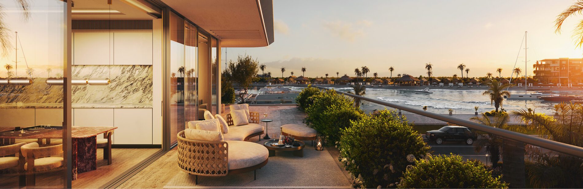 Four-bedroom penthouse terrace above the marina, illustrative render