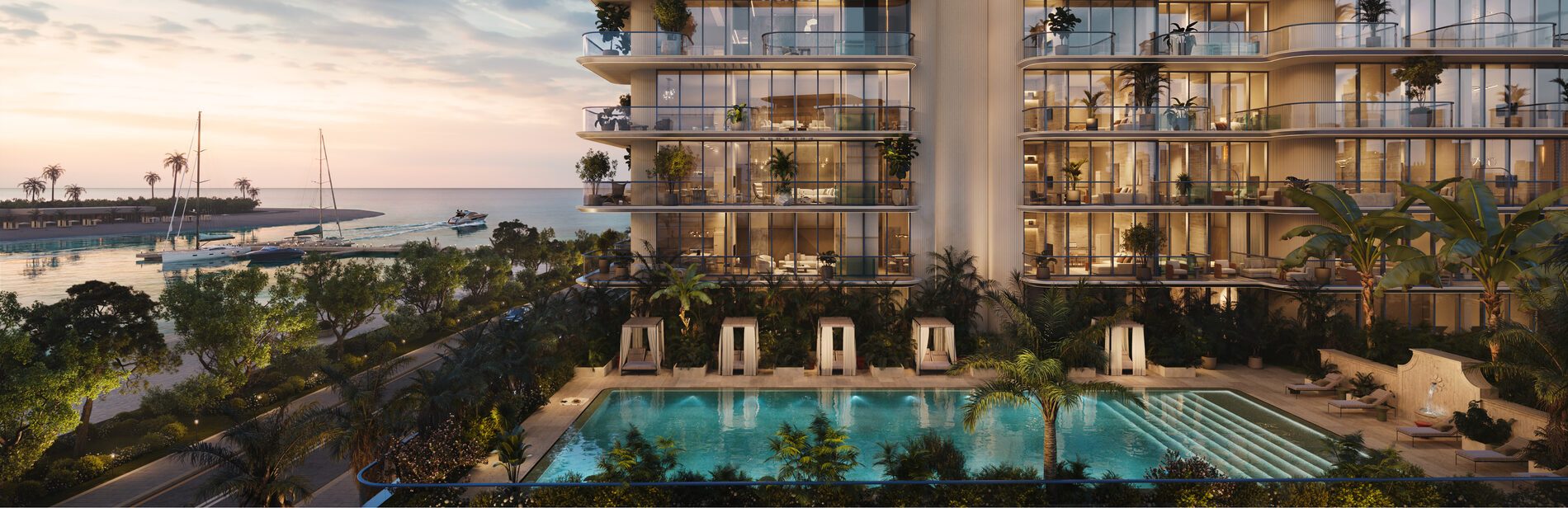 The podium pool deck and gardens at dusk, illustrative