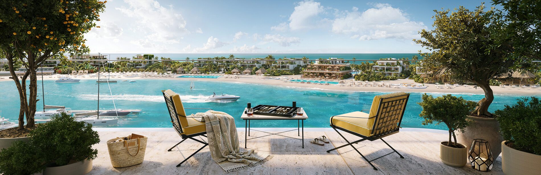 View from a Le Château Piétrus terrace over the marina and beach, illustrative render