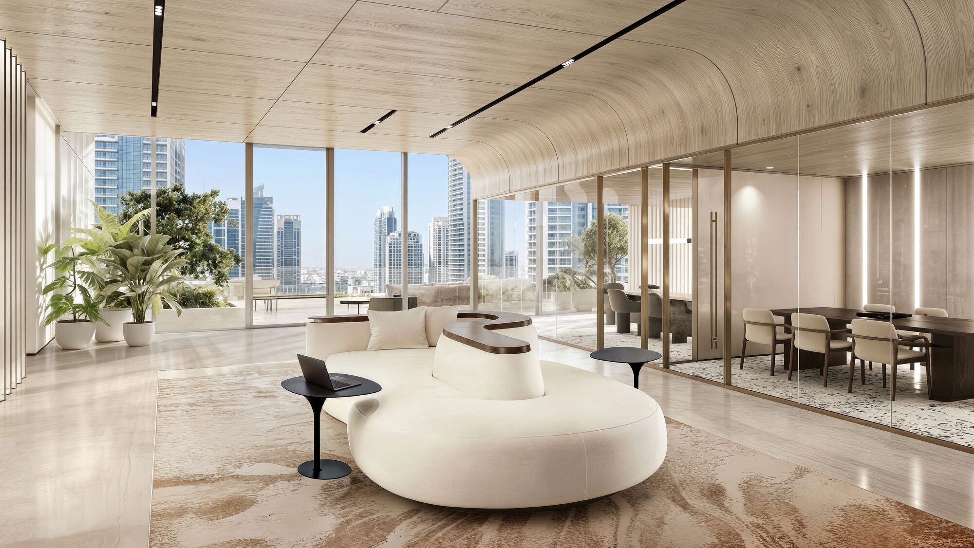 Office lounge and meeting space with Dubai skyline view