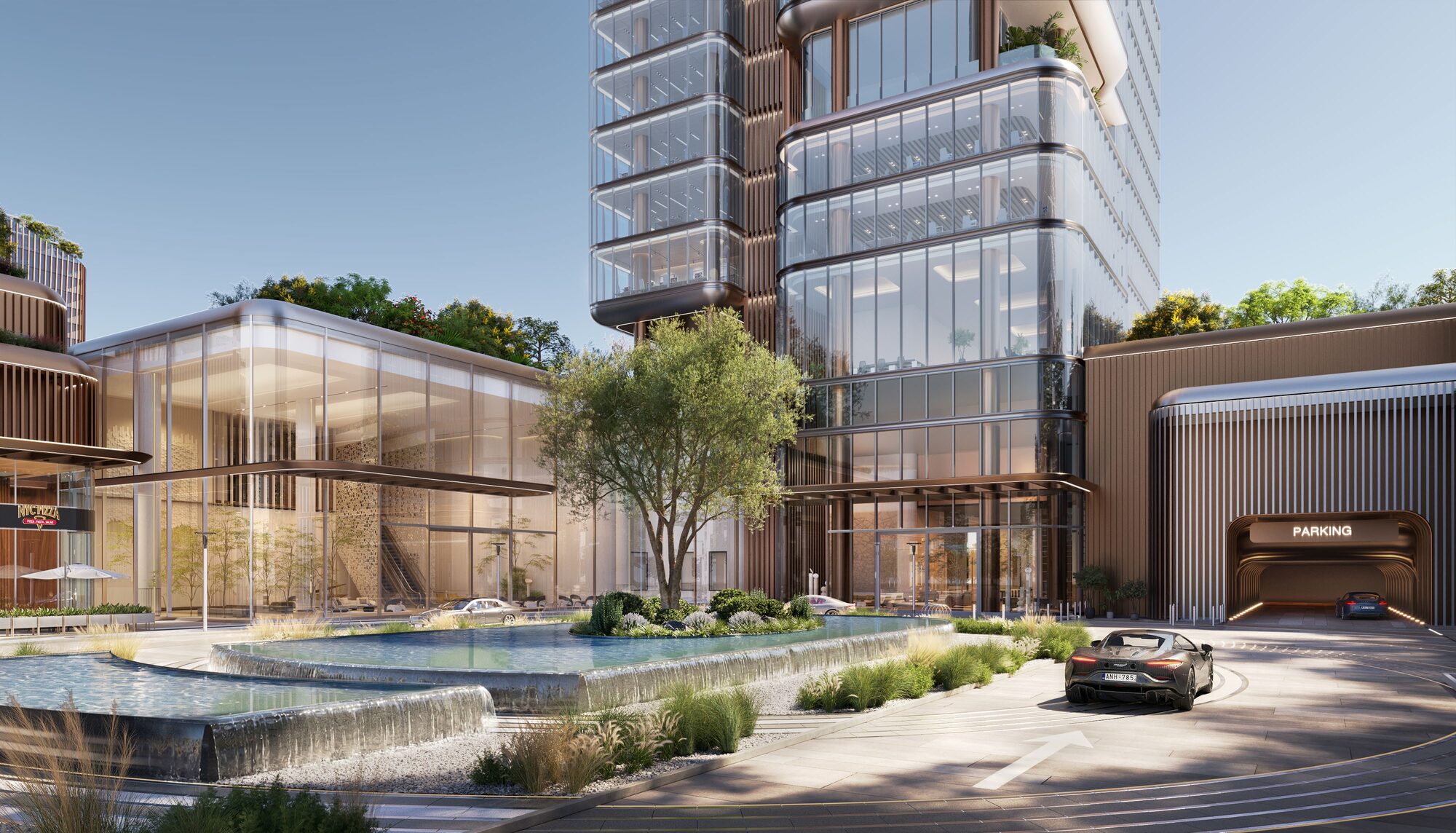 DAWN tower entrance, parking and podium by day