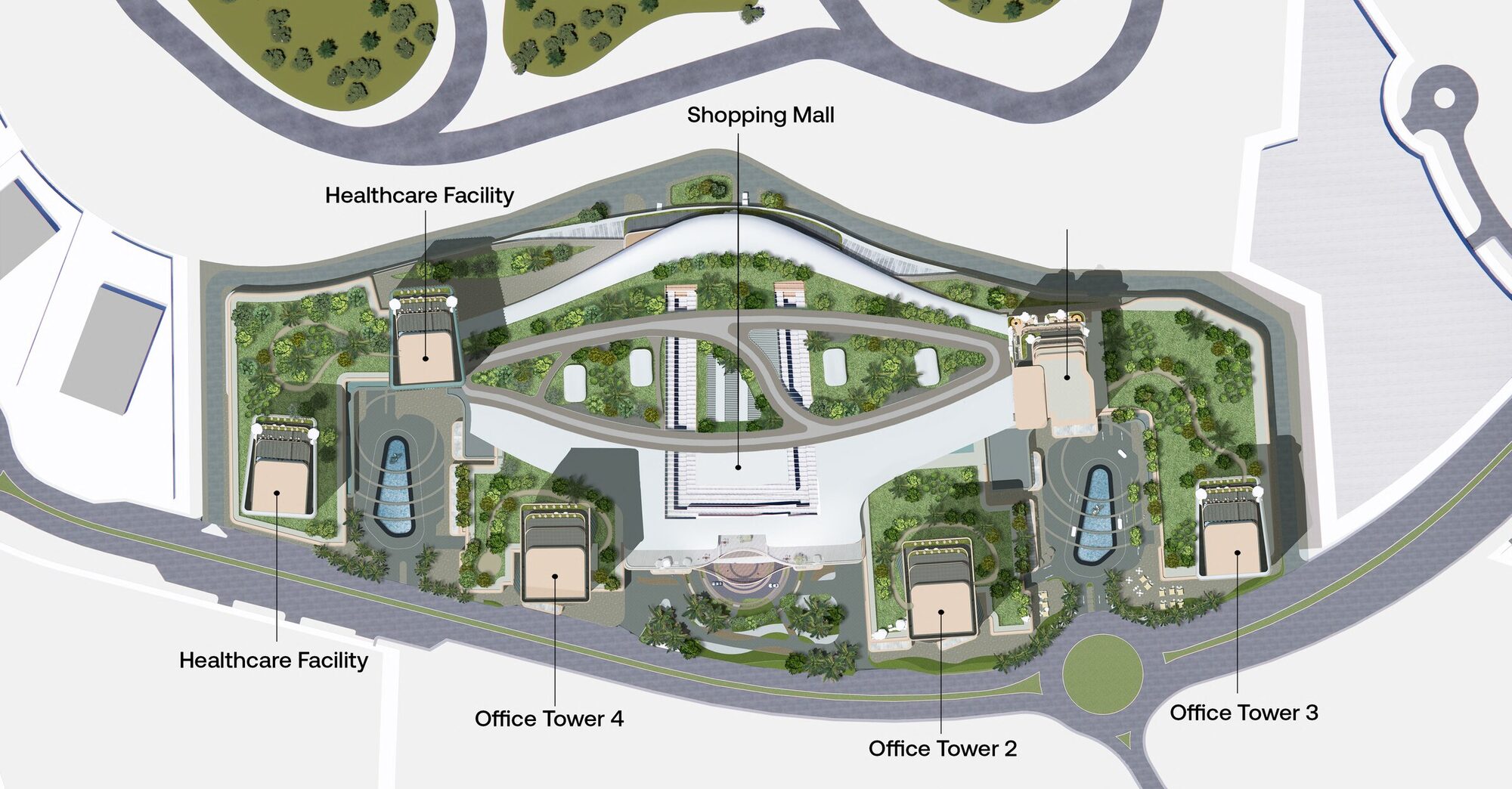 O1NE District masterplan in Motor City: six office towers, shopping mall and healthcare facilities