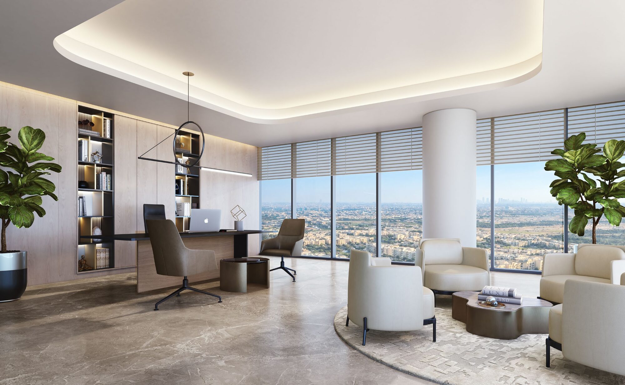 Flexible office interior at DAWN with Dubai skyline view