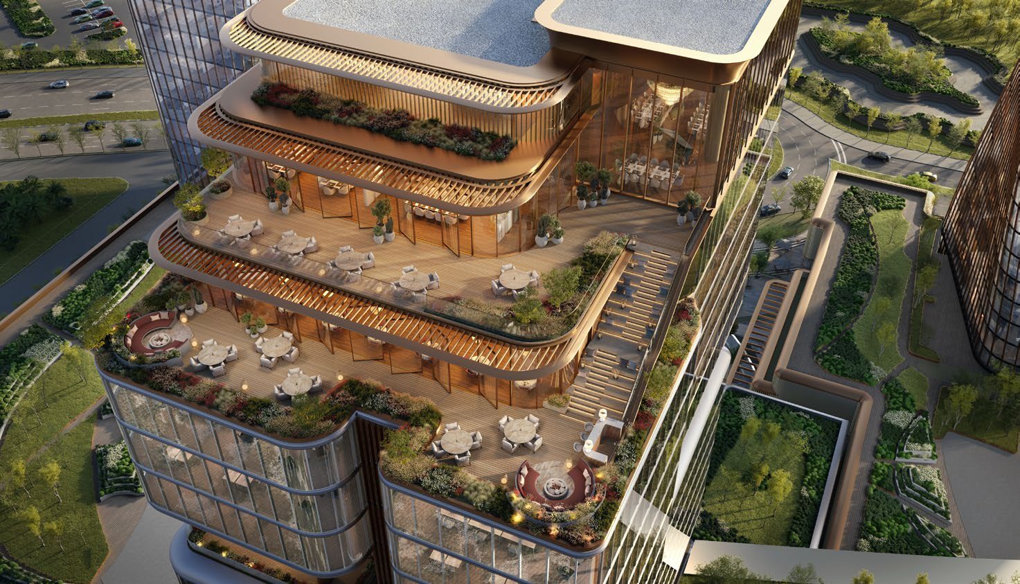 Rooftop terraces and podium gardens at O1NE District