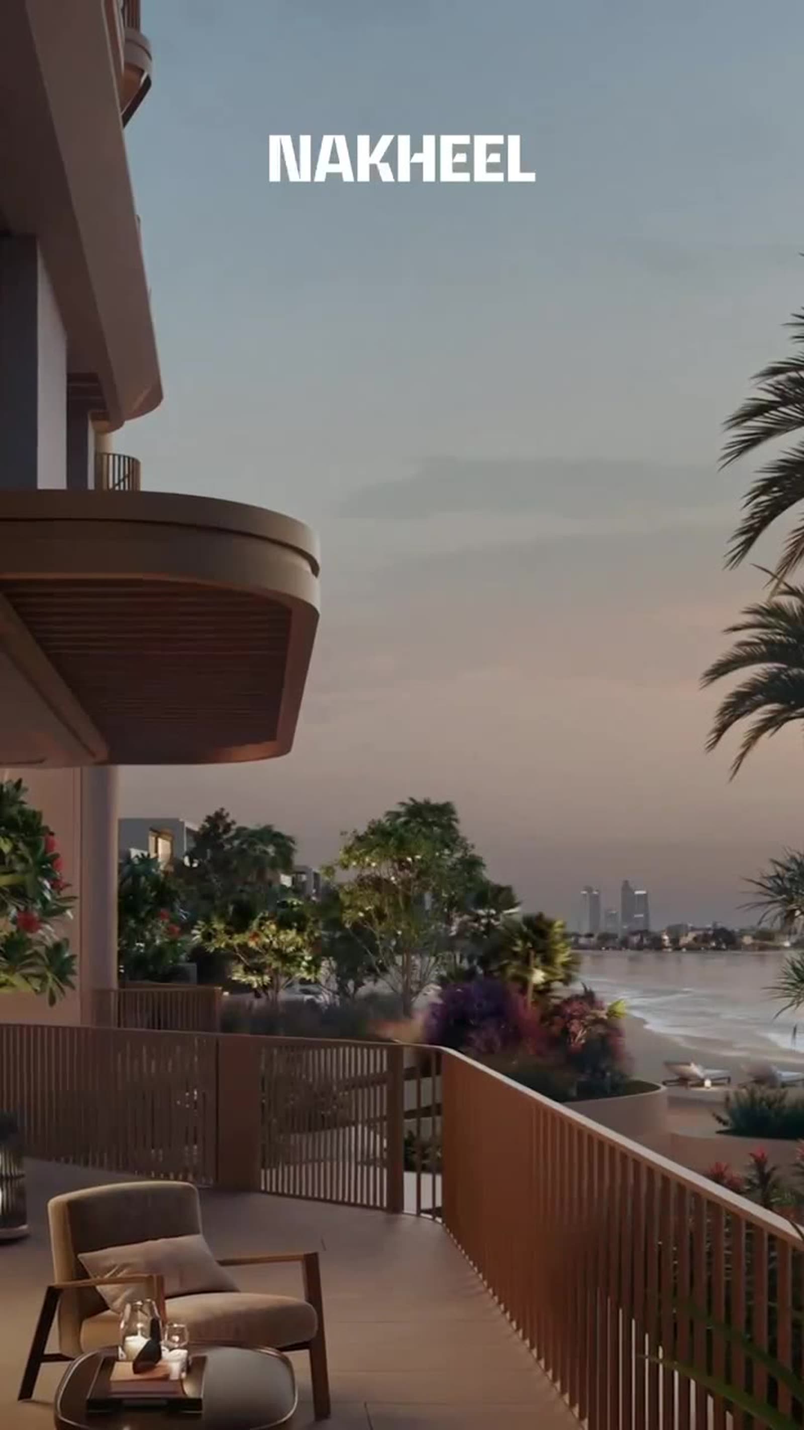 Private terrace at Palm Central at dusk overlooking the water, illustrative render