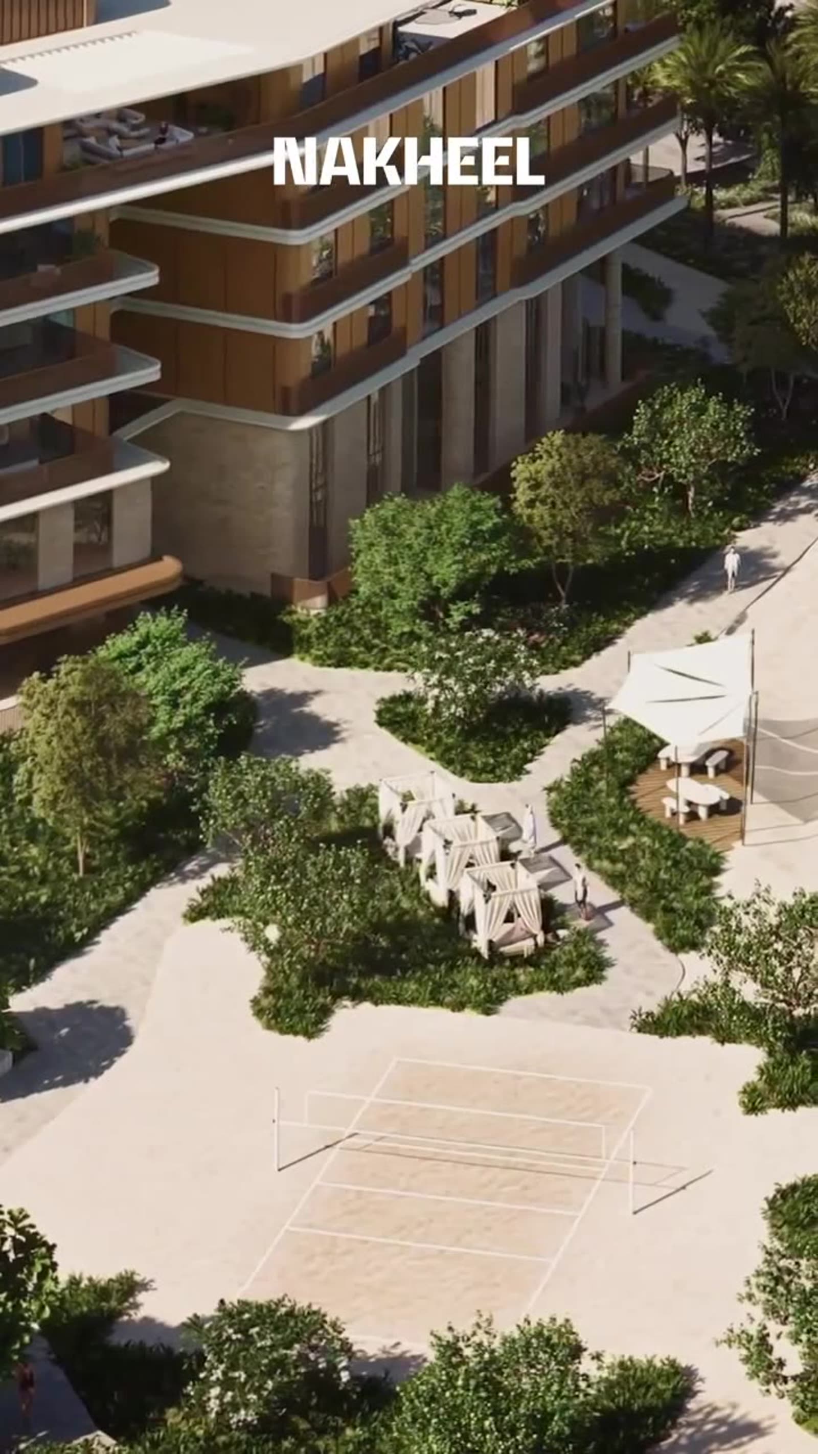 Aerial view of the landscaped amenity gardens at Palm Central, illustrative