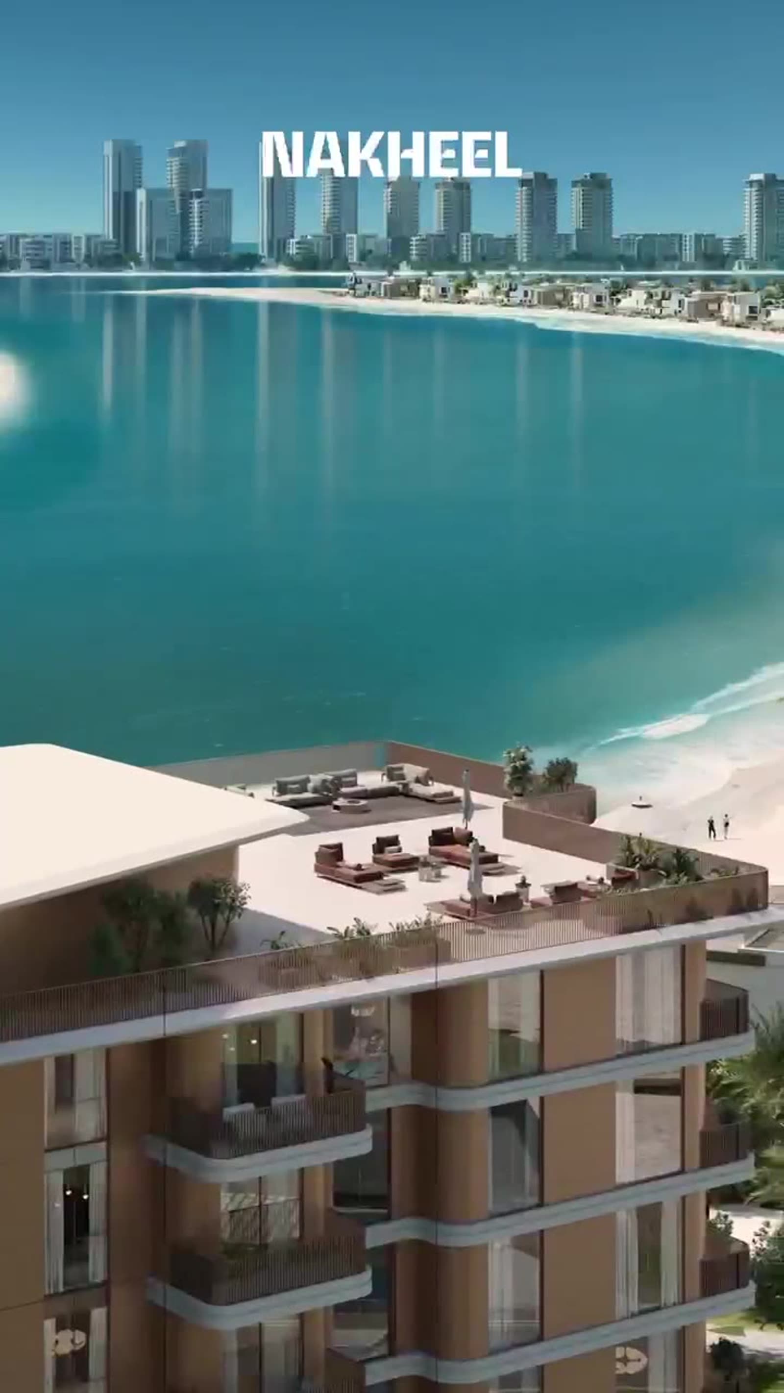 Resident rooftop terrace at Palm Central overlooking the lagoon and Dubai skyline, illustrative render