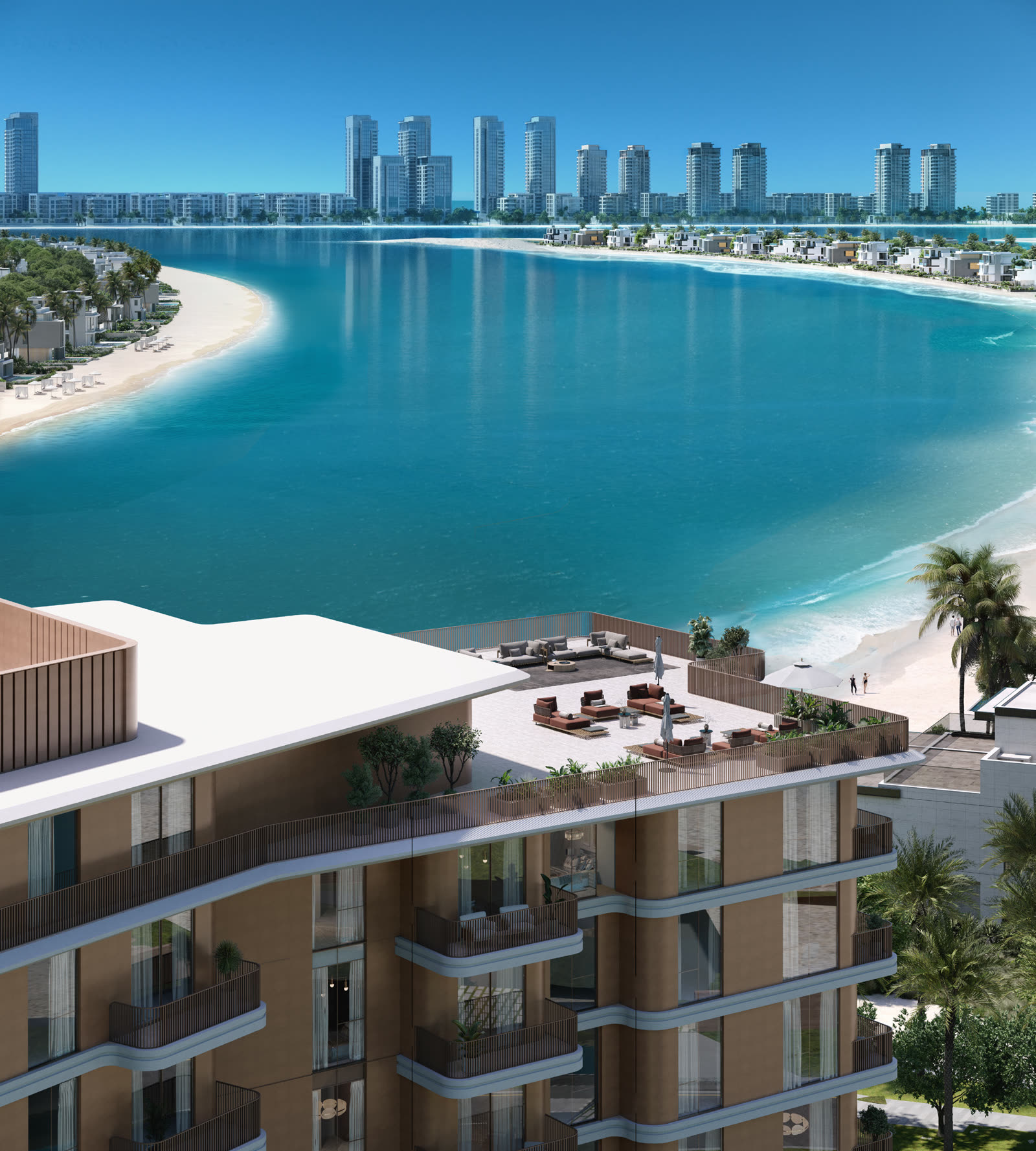Rooftop terrace at Palm Central overlooking the lagoon and Dubai skyline, illustrative render