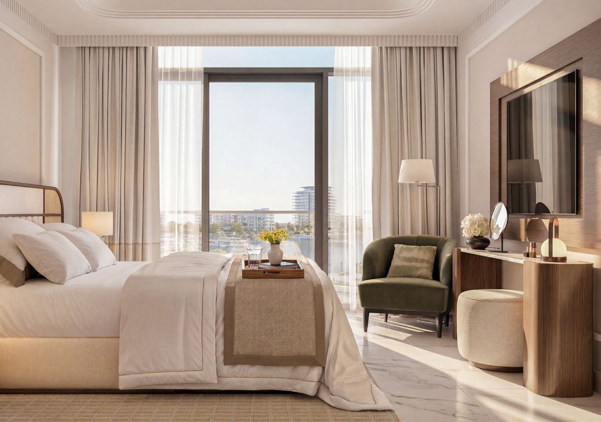 Bedroom with floor-to-ceiling window and marina view, illustrative render