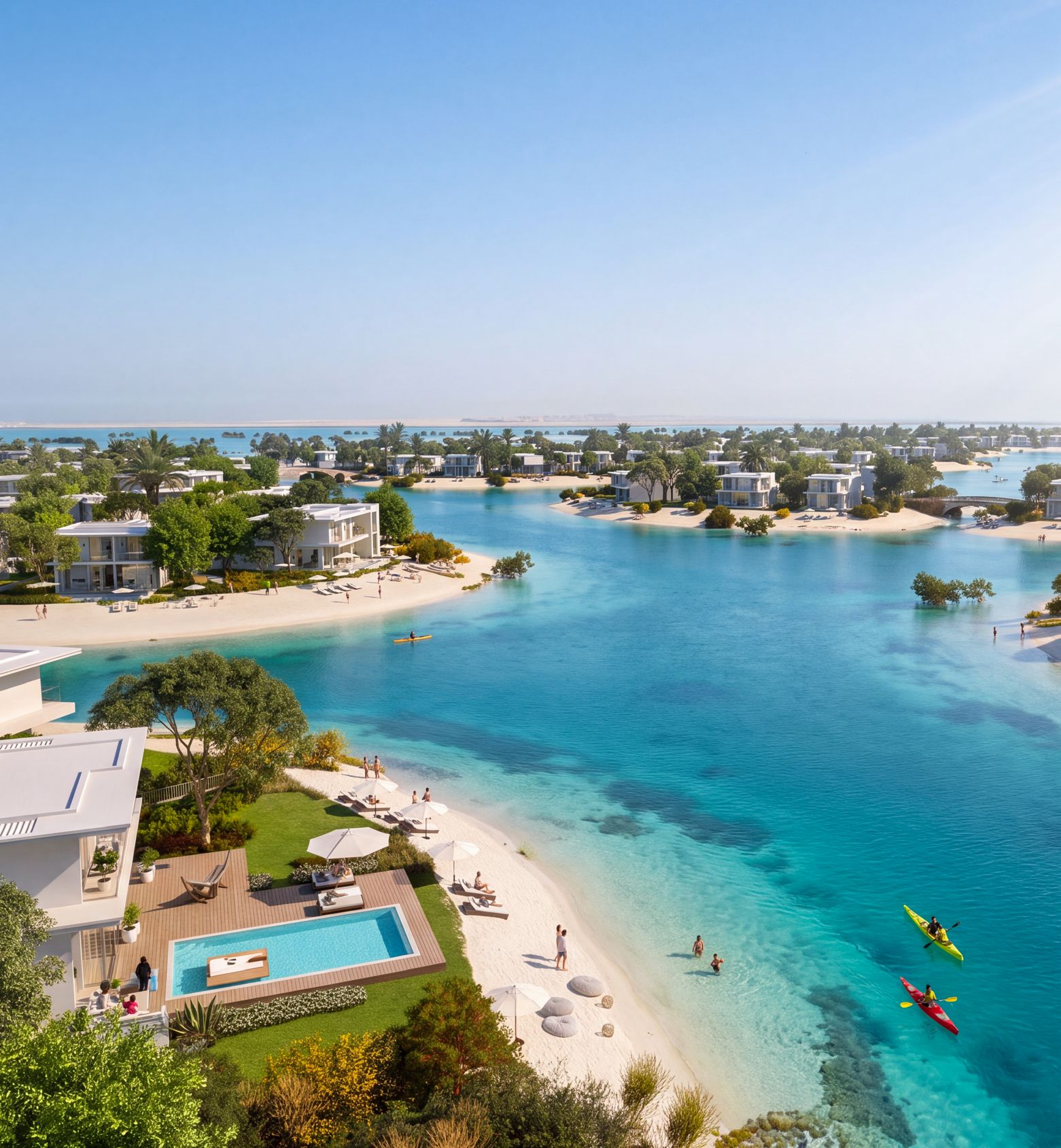 Aerial view of the lagoons and beachfront villas on Ramhan Island, illustrative render