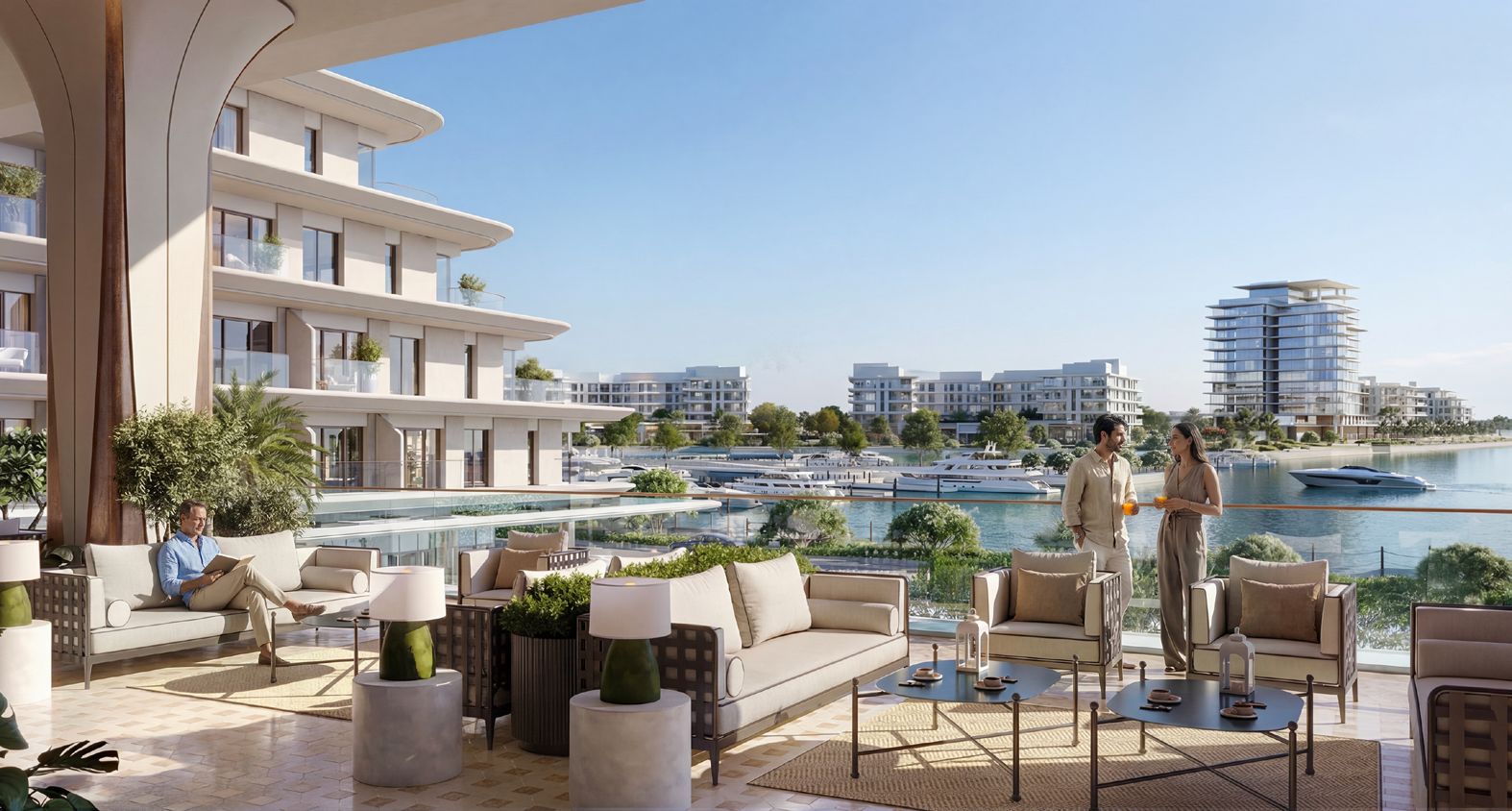 Terrace at The Bristol overlooking the marina on Ramhan Island, illustrative render